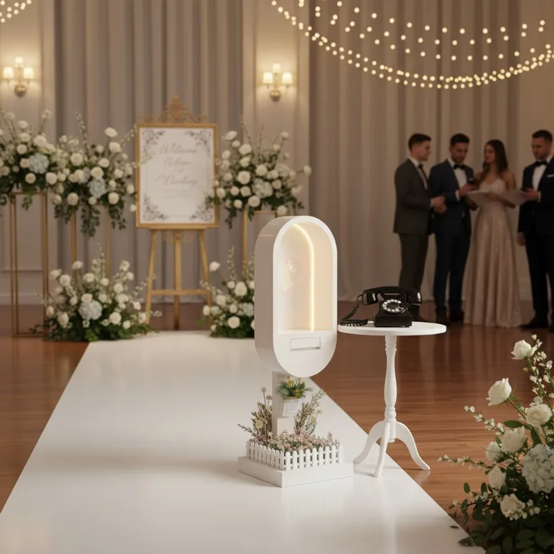 Modern Cream White Metal Telephone Booth Audio Video GuestBook Stand Display for Wedding Decorations