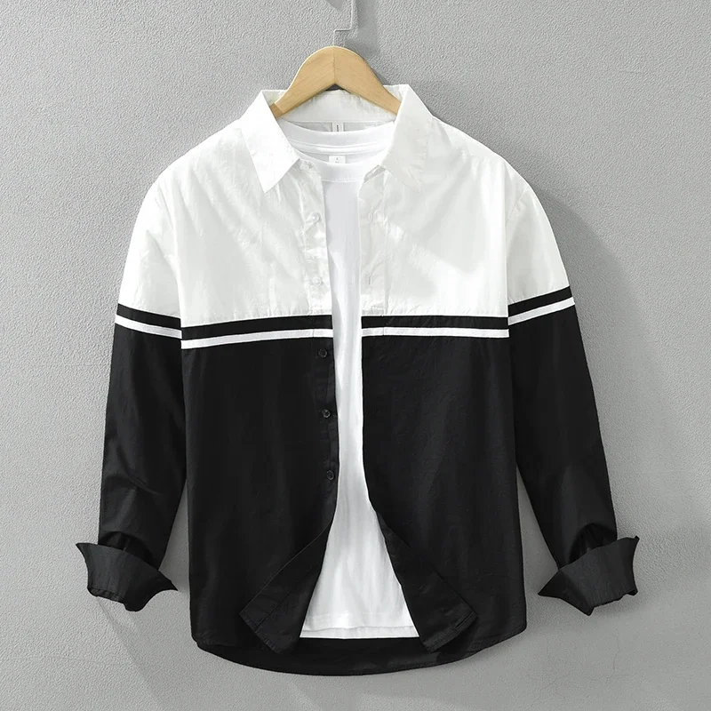 

Modern Men's Color Block Shirt With Contrast Stripes Casual Street Style Long Sleeve Button Down Top For Daily Wear
