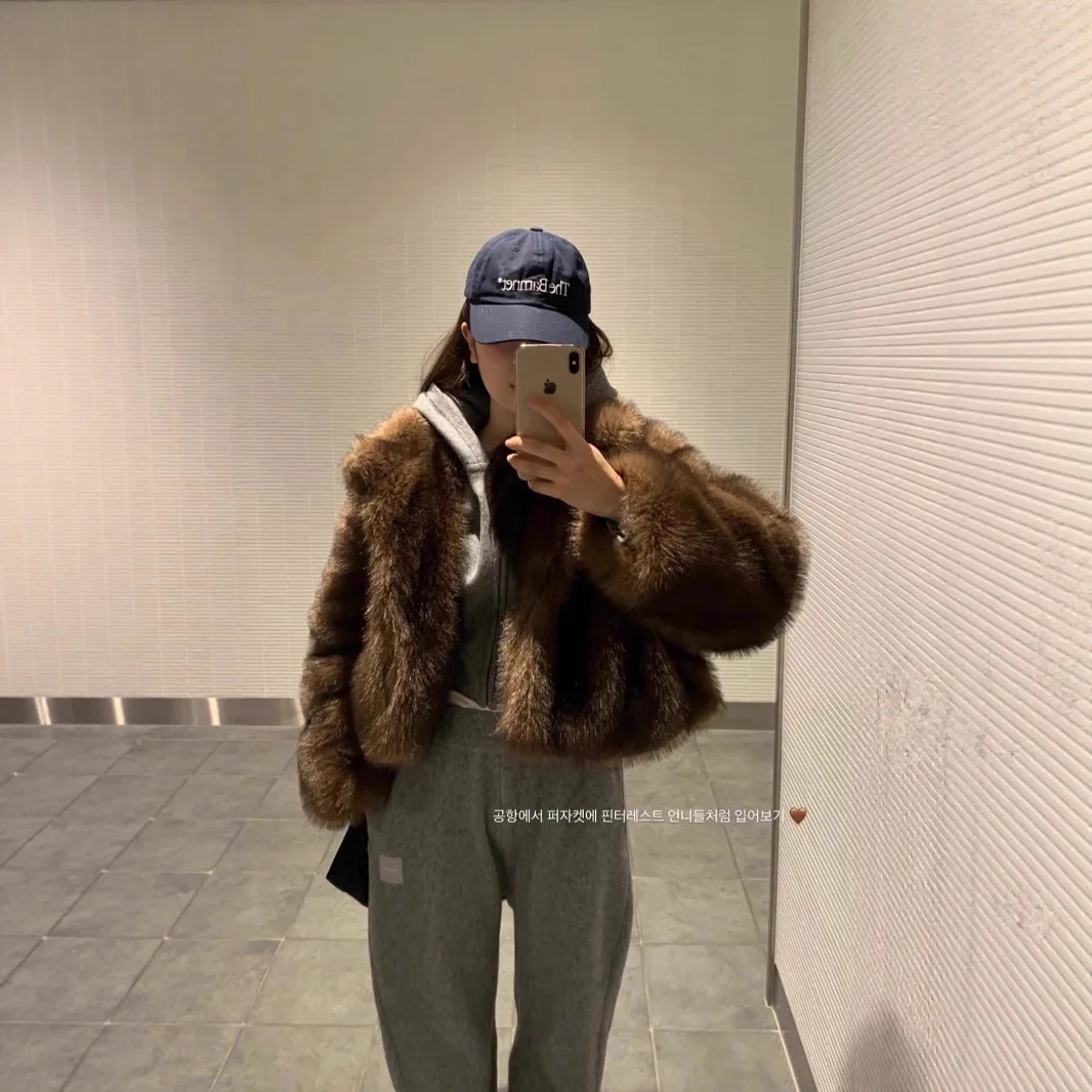 

Fashion Women Winter Mink Fur Coat Gradient Stand Collar Short Female's Imitation Fur Outwear Elegant Loose Lady Eco Fur Jacket