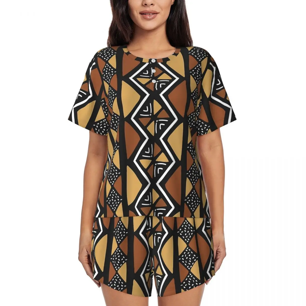 

African Mud Cloth Mali Round Neck Short Sleeves Nightdress for Sleeping Sleepshirts Women Soft Pajama Set Short Pants