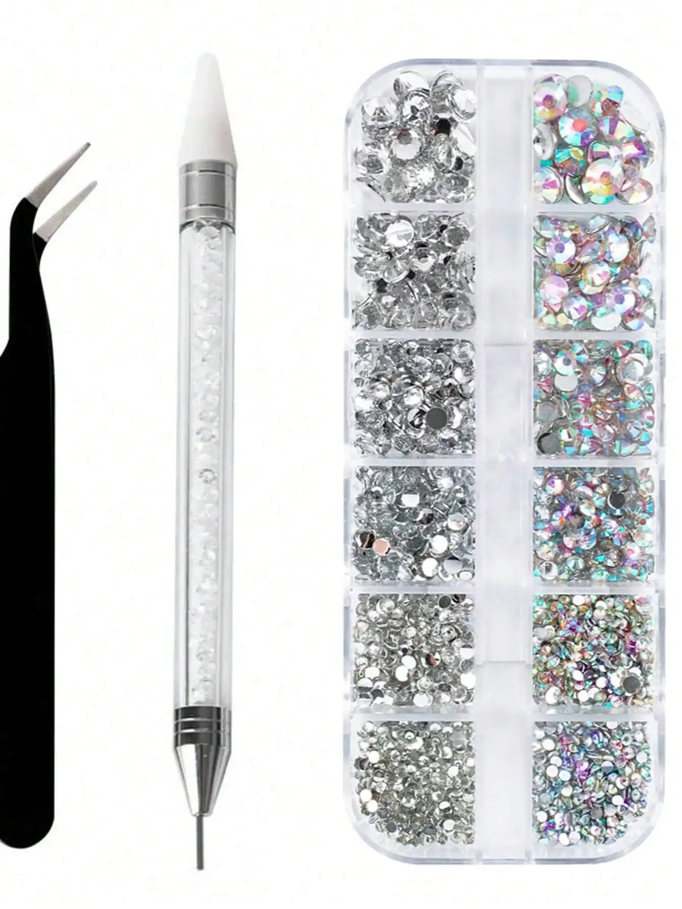 

12 Compartments 6 Sizes Transparent Rhinestones, Flat Shiny Crystal Nail Gems, Includes Tweezers, Rhinestone Picker And Dotting