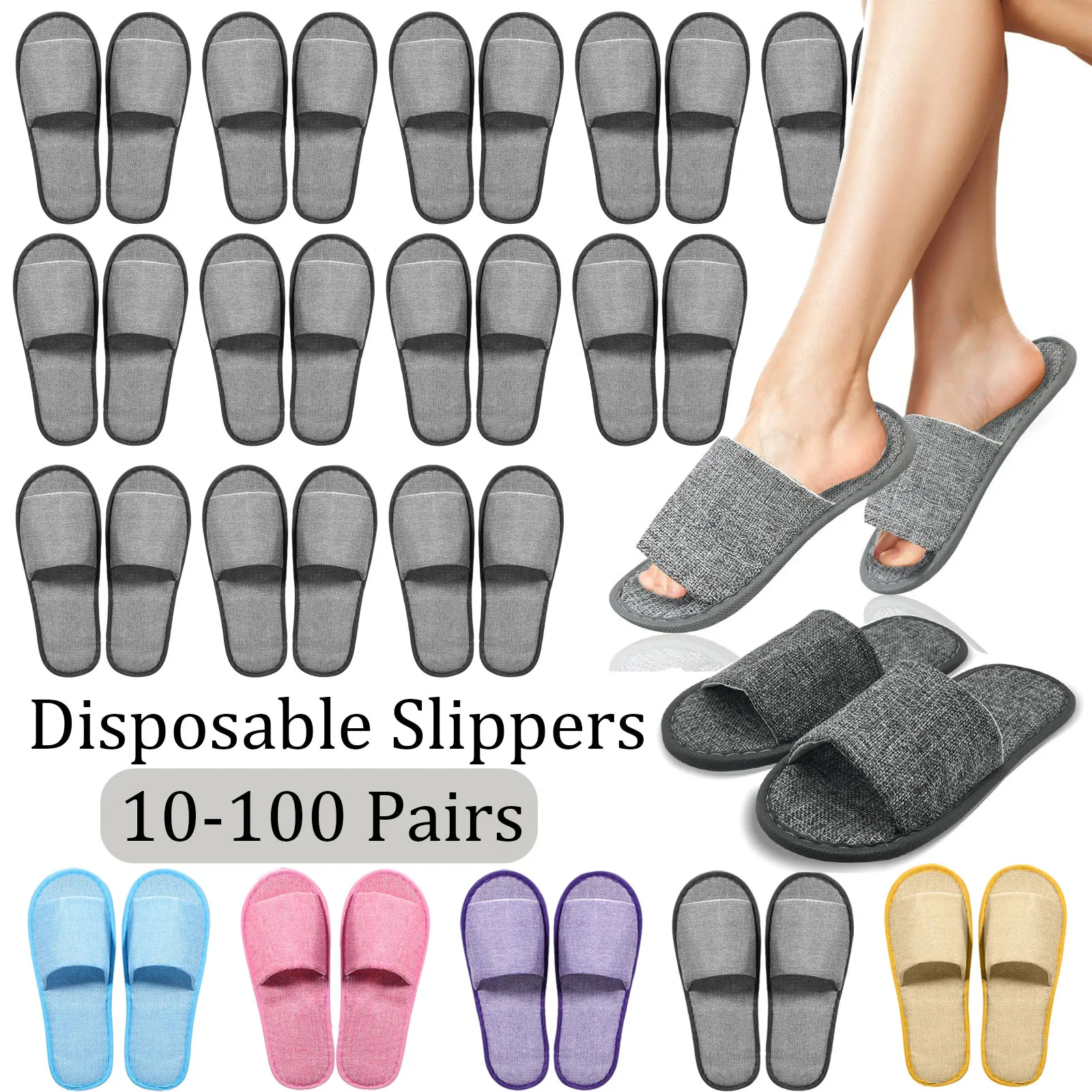 10-100 Pairs Disposable Slippers for Guests Cotton Linen Open Toe Spa Slippers Non-Slip House Flip Flops Hotel Travel Slippers