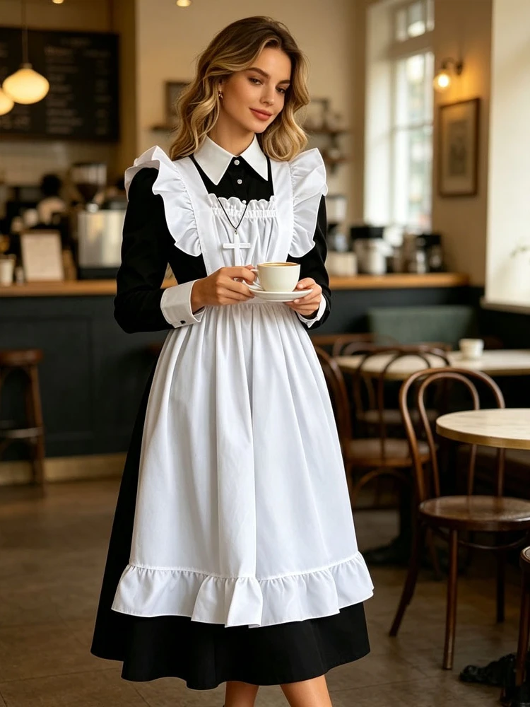 Classic Long Maid Costume Black Long Sleeve Collared Shirt White Ruffle Apron Dress Frilled Headband Kawai Anime Cosplay Outfit