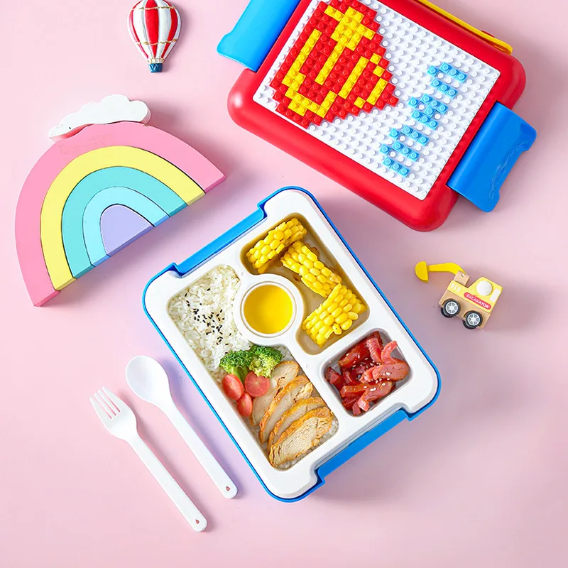 Portable DIY pixel building blocks children's lunch box student portable lunch box plastic compartment lunch box picnic box