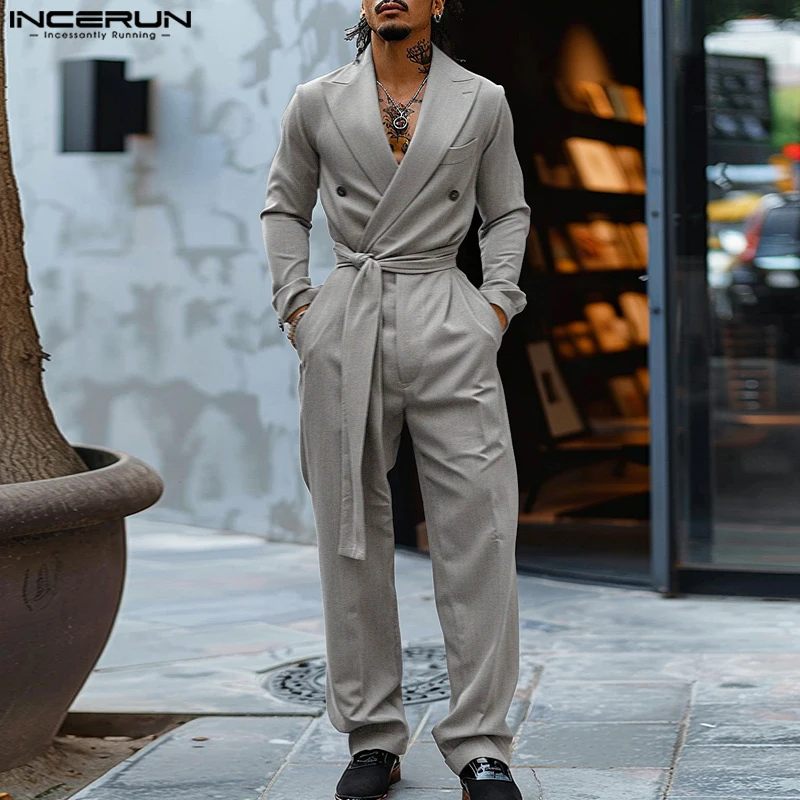 2026 INCERUN Men Jumpsuits Solid Color Lapel Long Sleeve Lace Up Male Overalls Streetwear Loose With Belt Casual Rompers For Man