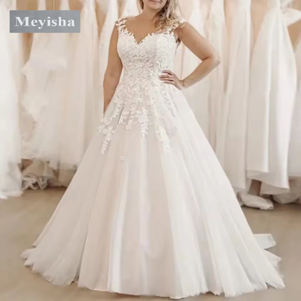 ZJ9433 A-line Wedding Dresses Princess V-neck Applique Lace Up Back Bridal Gowns Sweep Train White Beach Bride Dress