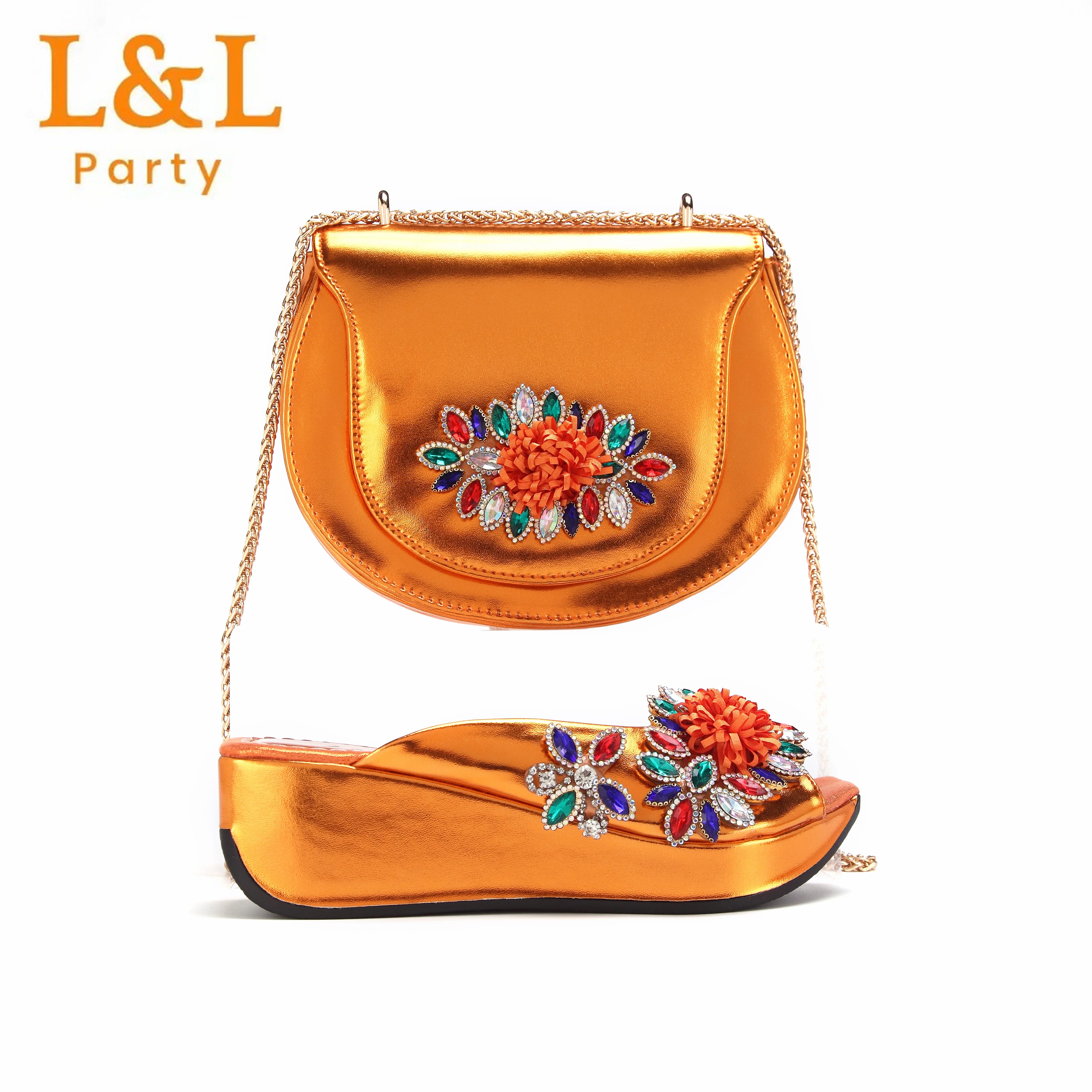 

Latest Comfortable Heels Ladies Slipper Full Rhinestones Design Shoes Matching Bag Set in Orange Color For Party