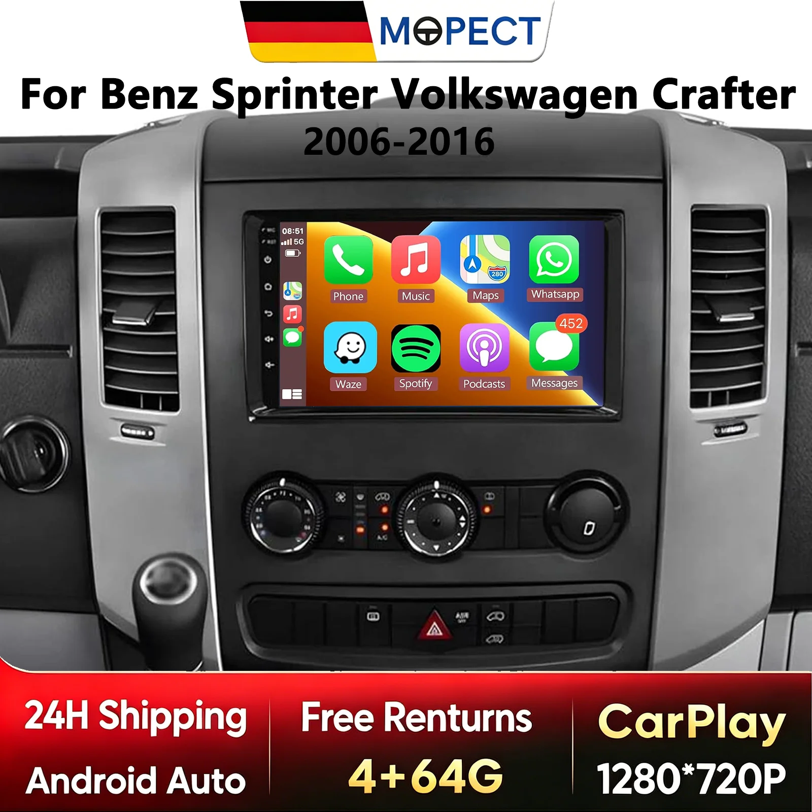 10,1-Zoll Wireless CarPlay Android für VW Crafter 2006-2011 / Mercedes Sprinter 2006-2016 Android Autoradio Multimedia-Videoplayer GPS Stereo DAB+ DVR