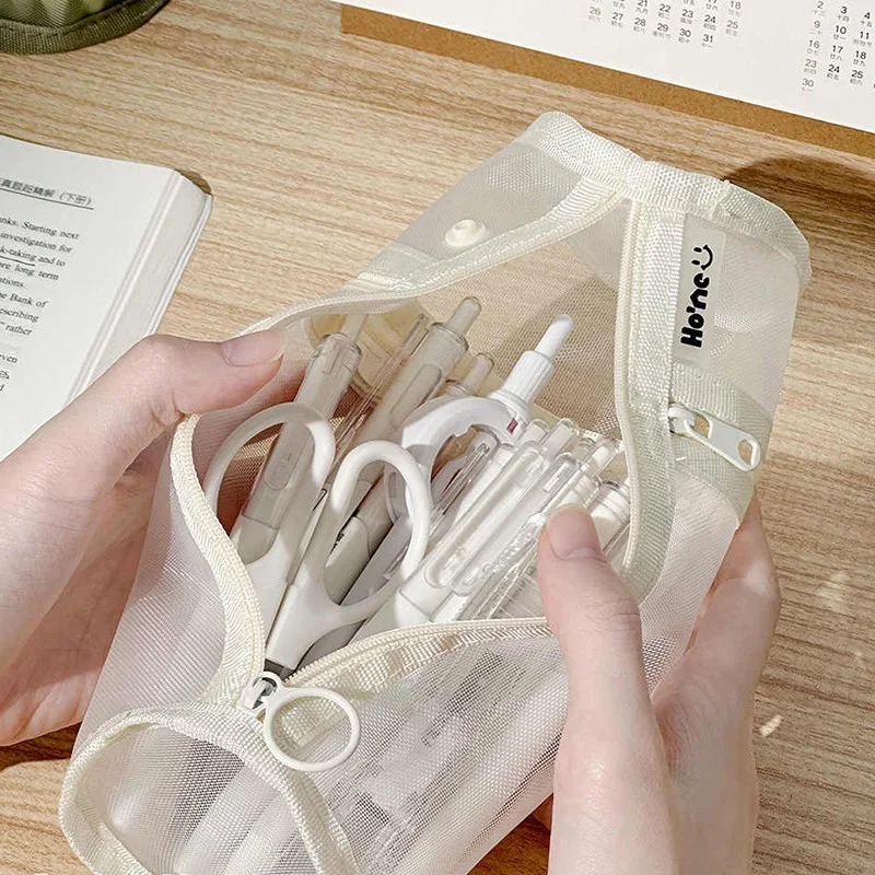 Standable Minimalist Transparent Mesh Pencil Case Large Capacity Flip-Top Solid Color Pen Holder Portable Stationery Storage Bag