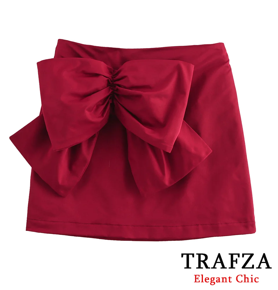 TRAFZA Women Bow Tie Mini Skirt Christmas Eve Party Red Skirt New 2024 Fashion Spring Fall Elegant Sexy Vibrant Romantic Skirt