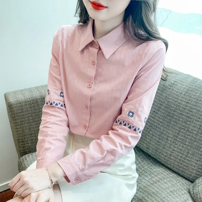 

Осень 2024, новая женская рубашка из чистого хлопка, модный хлопковый модный топ с длинными рукавами и вышивкой