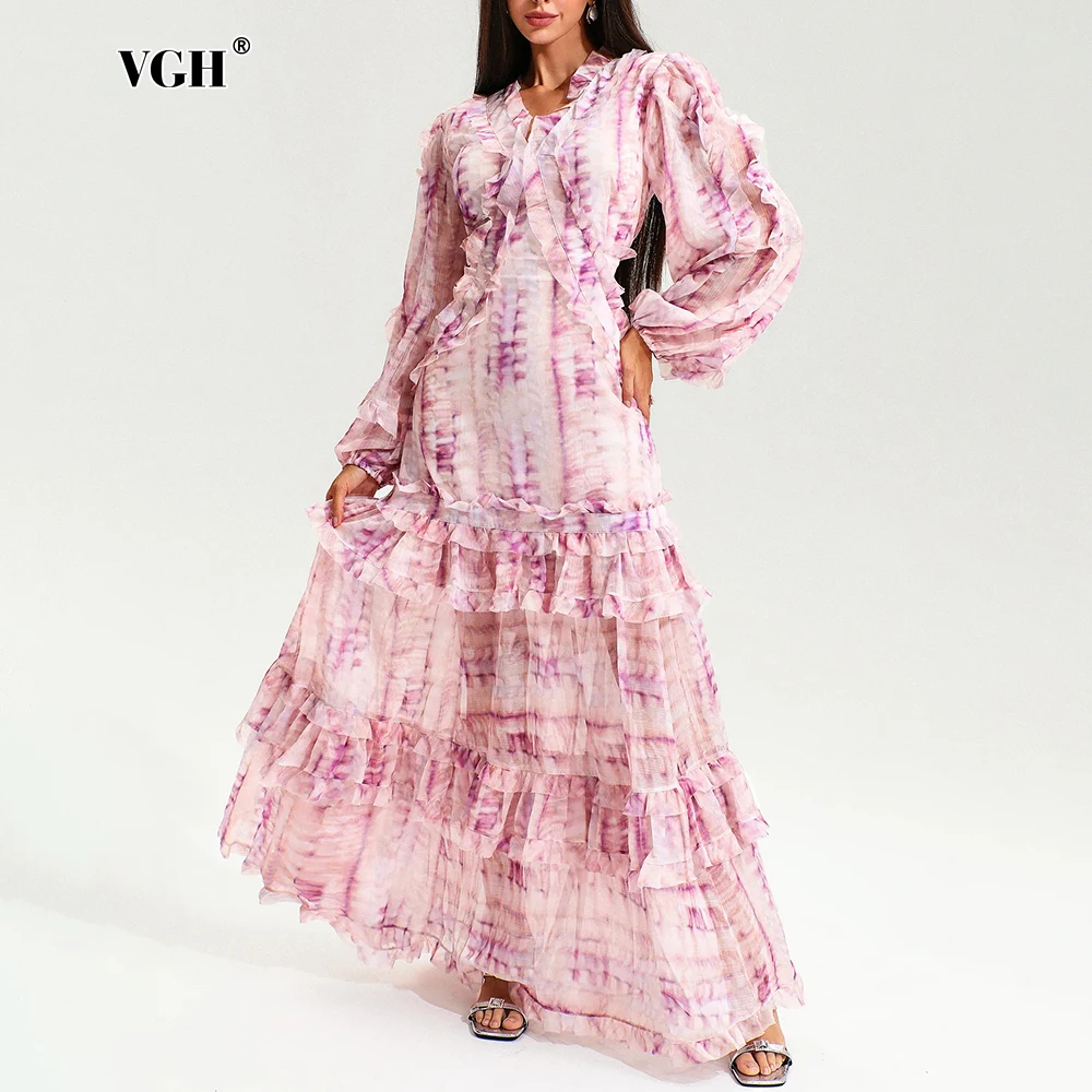 

VGH Printing Spliced Ruffle Long Dress For Women V Neck Puff Sleeve High Waist Print Hit Color Vintage Slimming Dresses Female