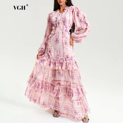 VGH Printing Spliced Ruffle Long Dress For Women V Neck Puff Sleeve High Waist Print Hit Color Vintage Slimming Dresses Female