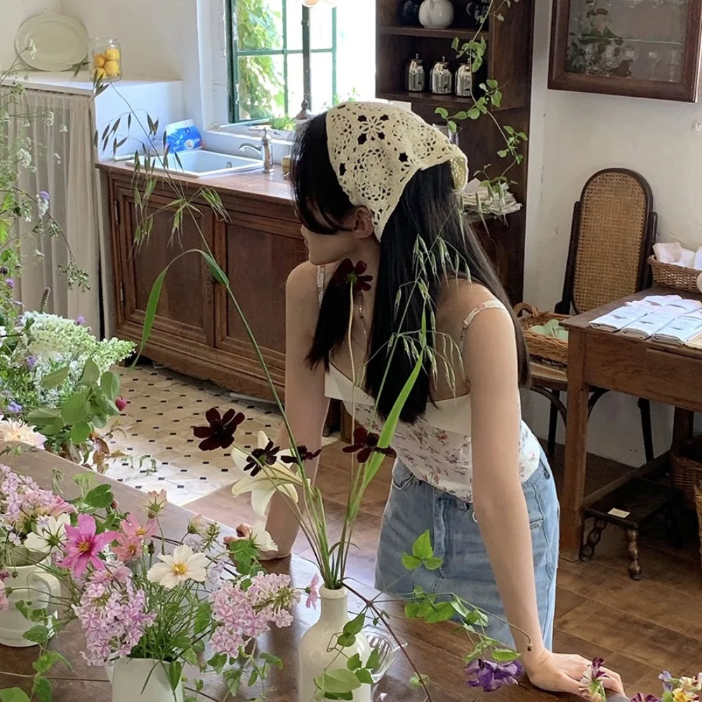 New Style Hollow Floral Headband Crochet Weave Headwear Ribbon Knitting Turban Triangular Scarf Summer