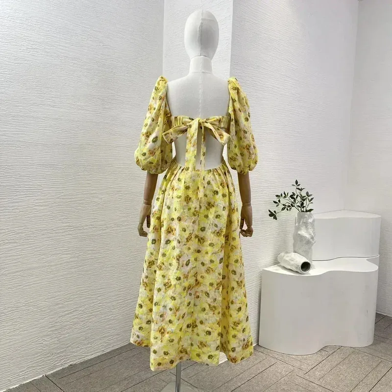 Alta qualidade verão praia estilo verão feminino midi vestido amarelo floral impressão cortar rendas puff manga linho