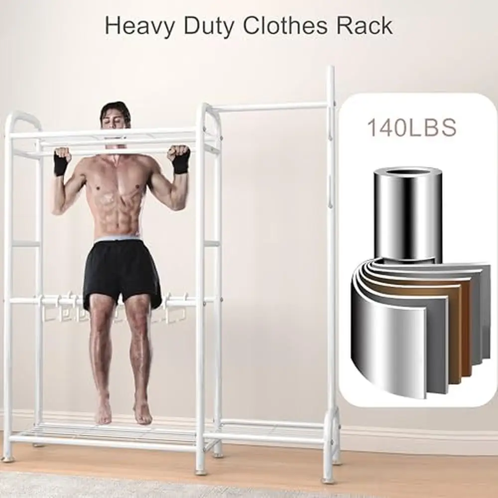 Portable Steel Closet Wardrobe Shelf Organizer Hanging Clothes Rack with Dual Rods Large Capacity Storage Solution Bedroom