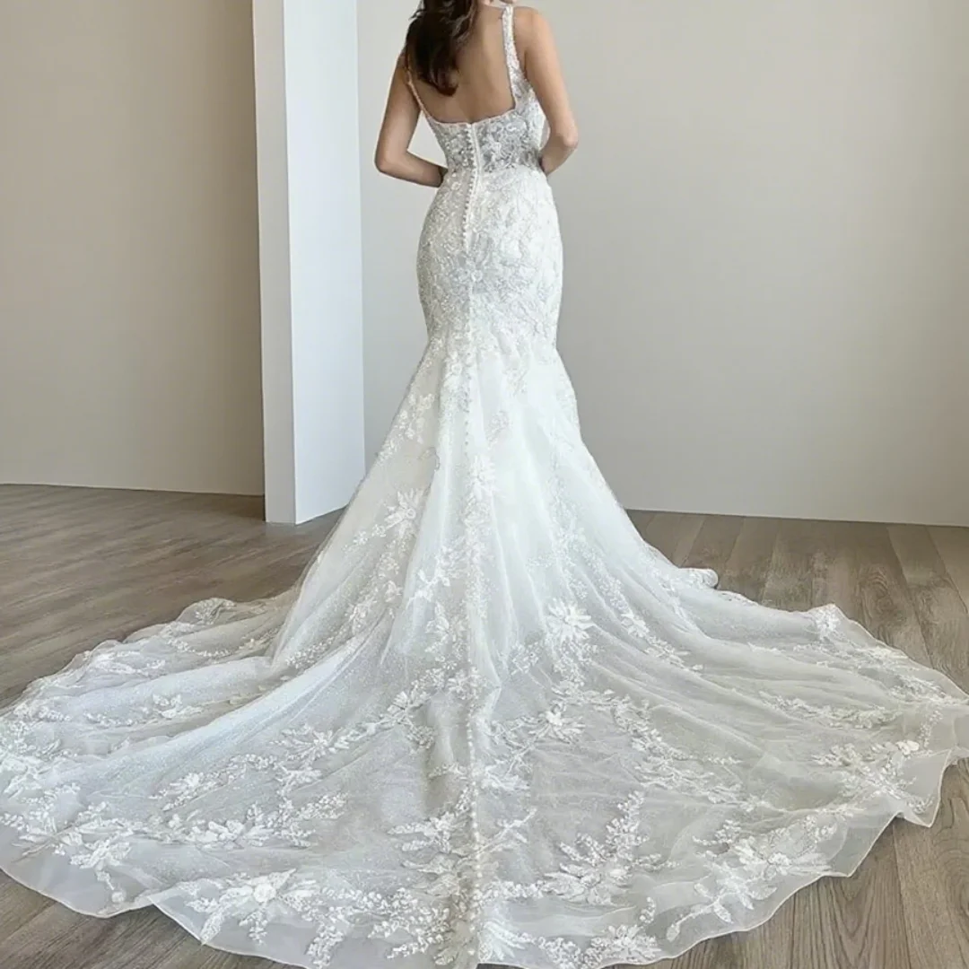 

Customized lace mermaid wedding dress square-neck sleeveless bride's formal wedding dresses gown with bead appliqués