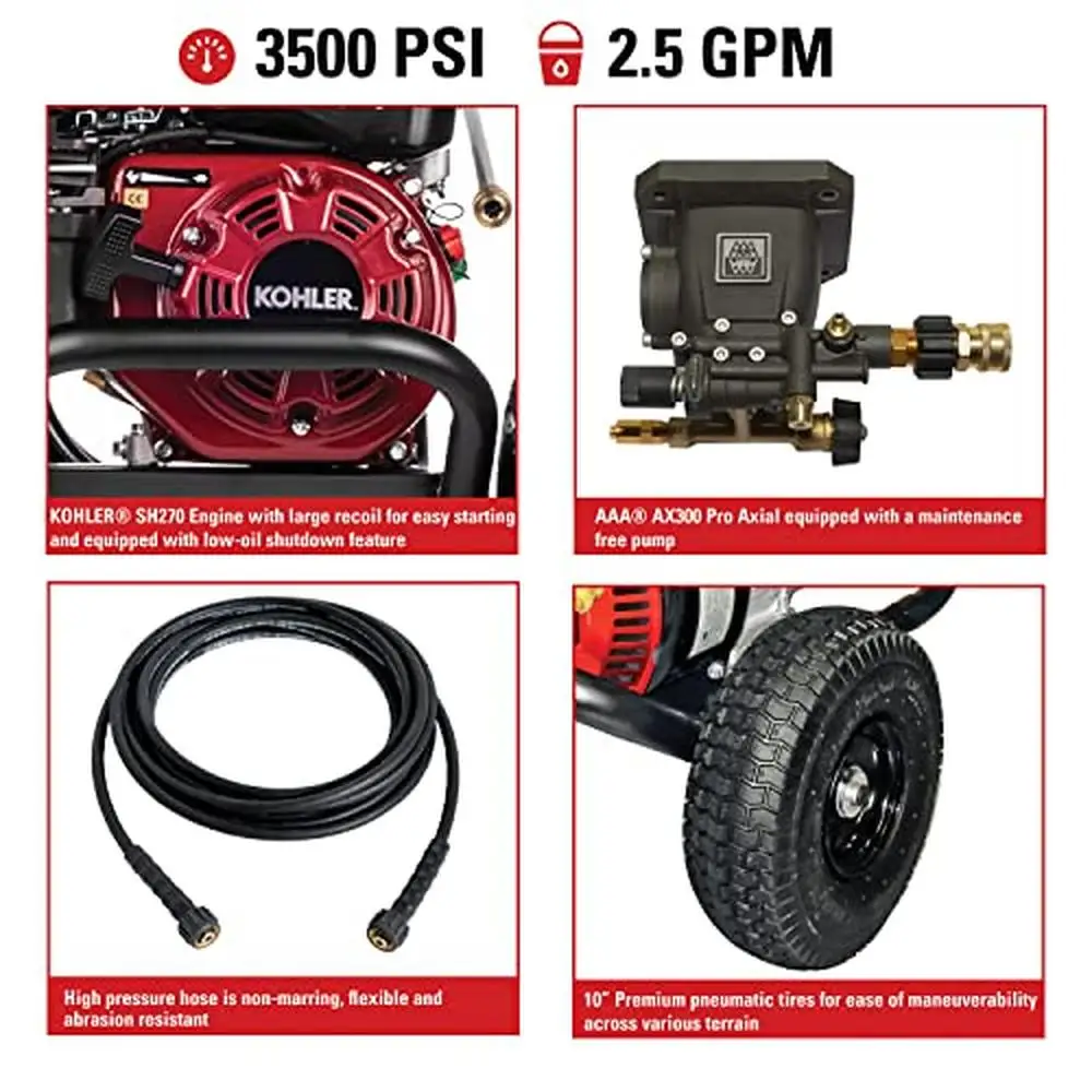 Gas Pressure Washer 3500 PSI 2.5 GPM AAA AX300 Pro Engine 15-Inch Surface Cleaner Non-Marring Hose