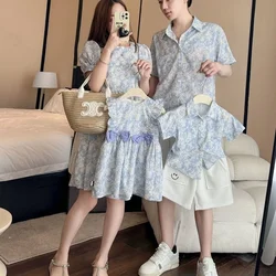 Family Matching Clothes Spring Summer Dress Mother Daughter Sleeveless Cotton Dress Father Son Shirt Baby Girl Cute Bow Dress