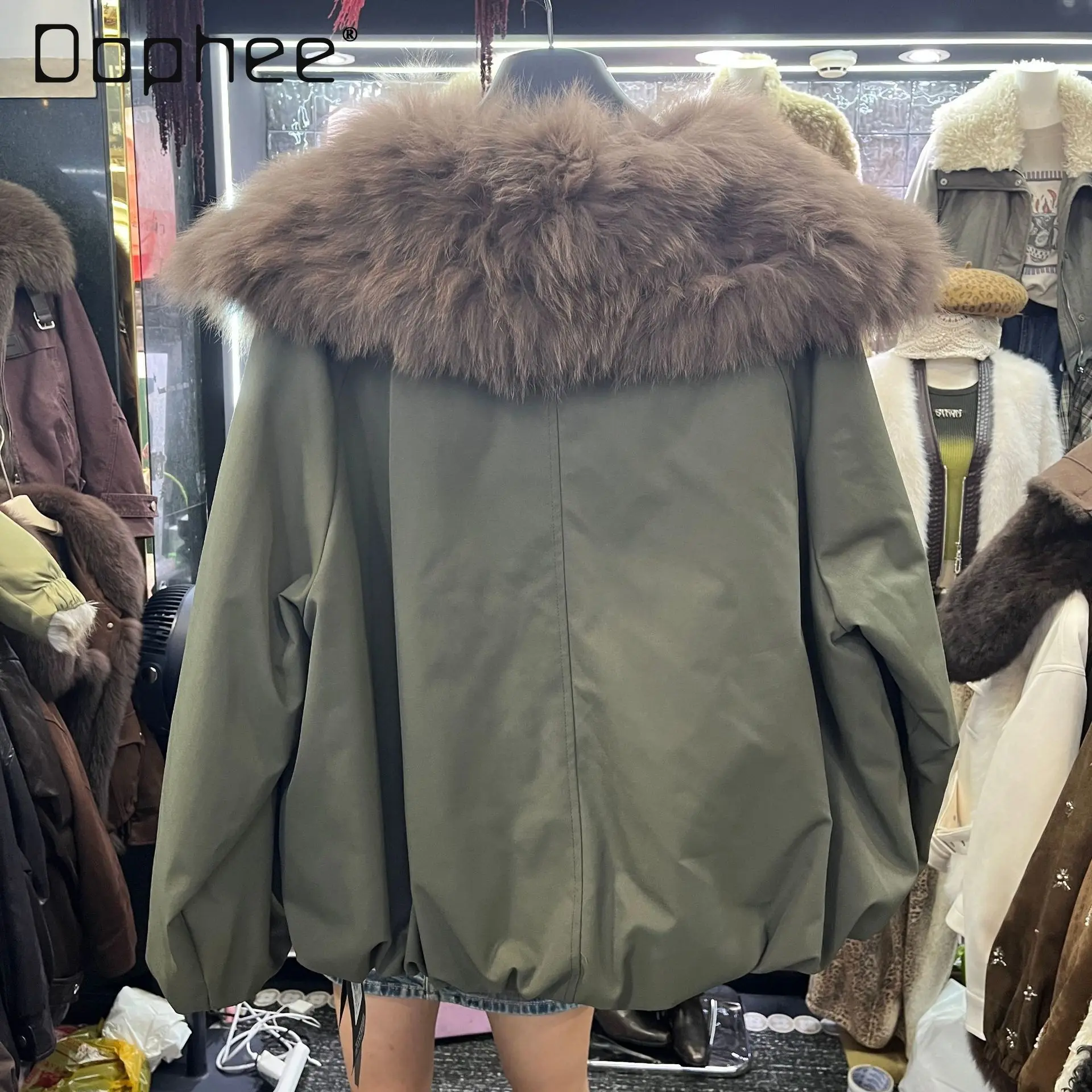 2025 Otoño Invierno nuevo abrigo de piel de zorro de gama alta mujer estilo coreano elegante moda cuello azul marino Parka corta gruesa abrigo femenino