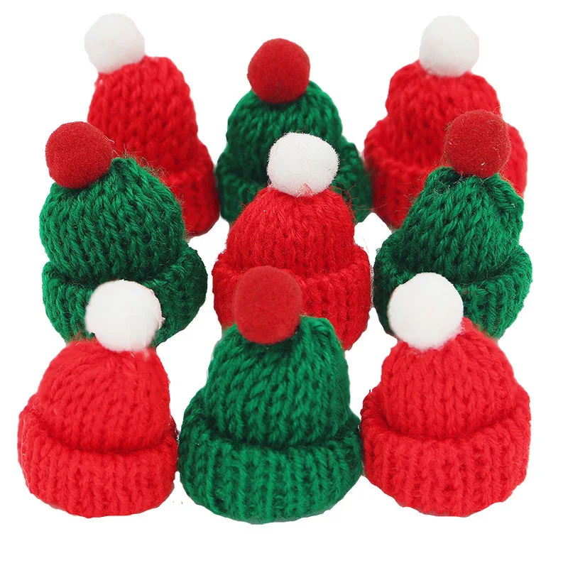 

(10 Pcs/pack) 6x4cm Christmas Mini Knitted Hat Decoration Pendant New Year DIY Gift Holiday Party Supplies Yarn Finger Hat
