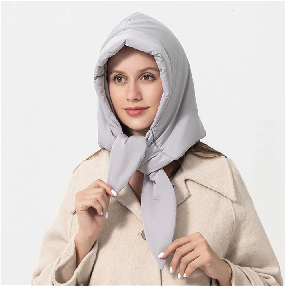 Winter Women\'s Head Hooded Hat Down Cotton Headscarf Warm Hood Unisex Windproof Pullover Beanies Skullies Cap Outdoor Neck Hood
