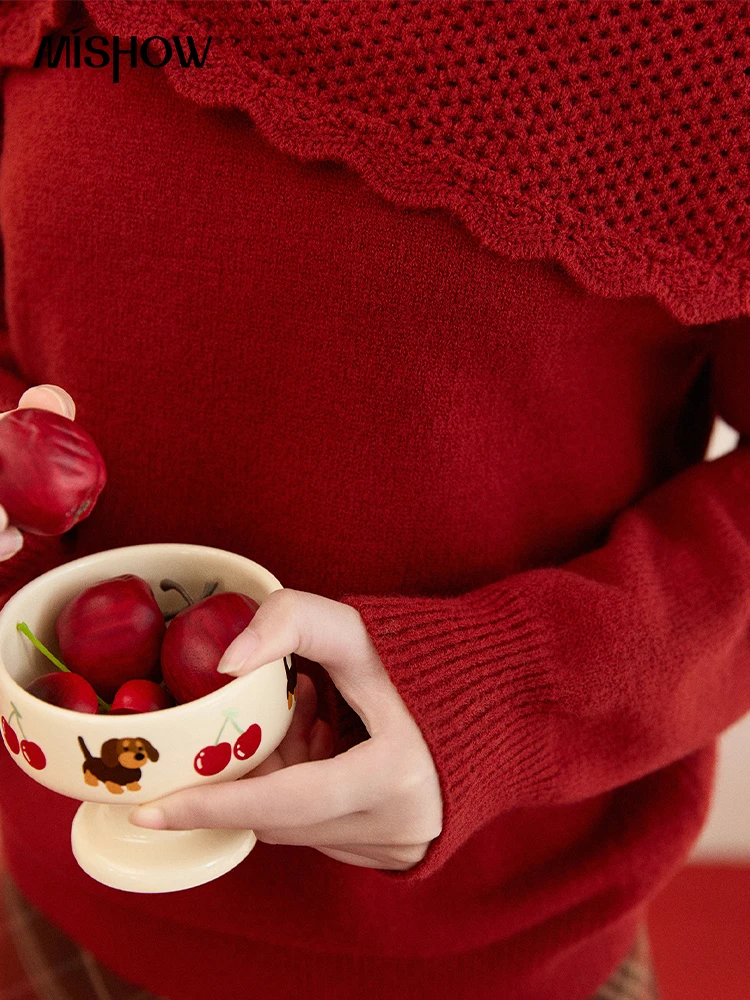 MISHOW السنة الجديدة عيد الميلاد المرأة سترة حمراء 2025 الخريف الشتاء لينة أنيقة البلوزات ثلاثية الأبعاد زهرة الألبكة محبوك القمم MXE94Z2889