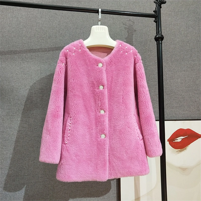 

Women Girl Sheep Shearling Long Coats Female Lady Warm Jacket Winter Crew Neck Overcoat JT384