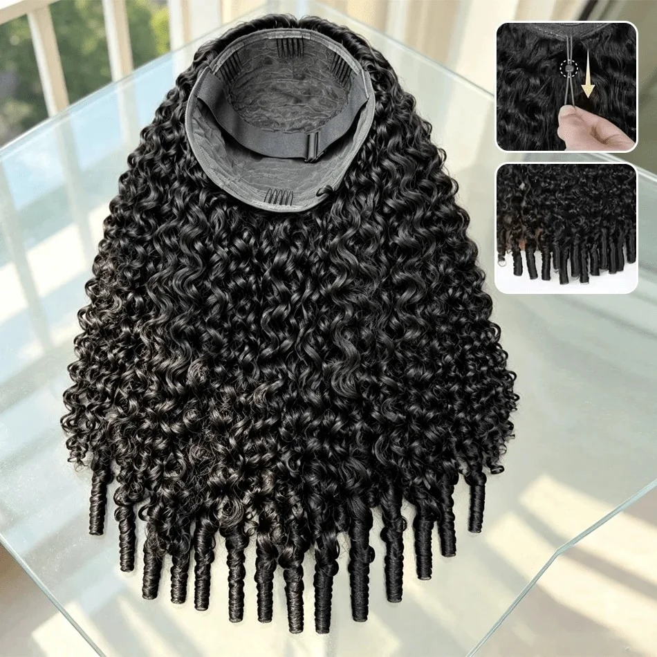 3 In1 Half Wig Human Hair For Women 24 Inch Burmese Curly With Spiral Curls End 200% Density Flip Over Beginner Friendly Wear Go Drawstring Wig Natural Color Easy Install Machine Wigs