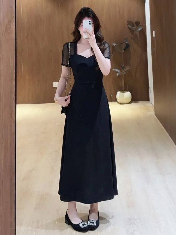 

plus Size Elegant Black Dress Summer New Style Waist-Cinching Design Net Patchwork A-Line Skirt Short Sleeve Korean Style