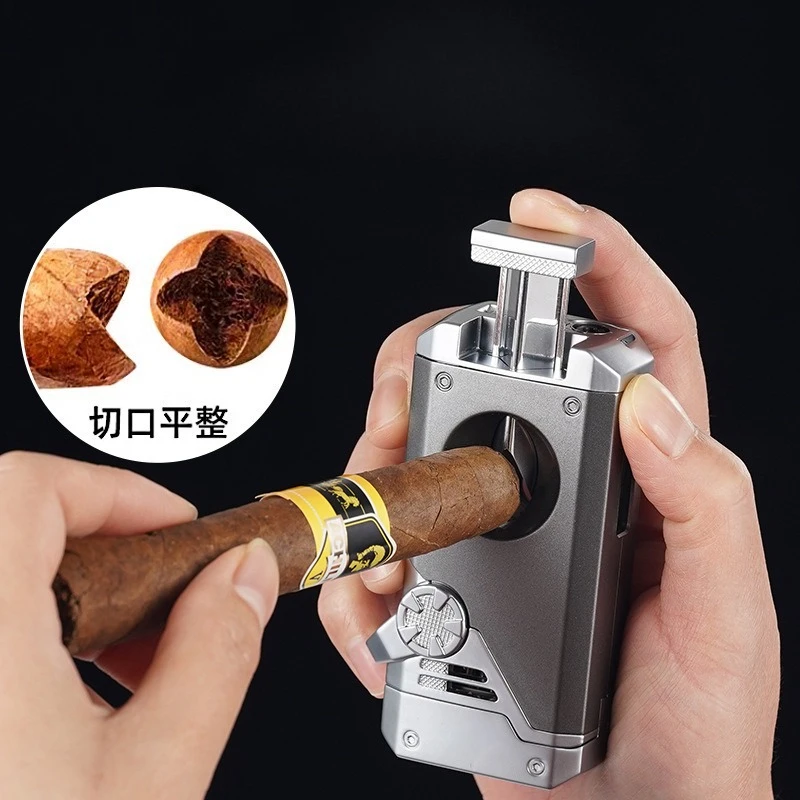 Four Blue Flame Cigar Lighter V-Smoke Knife Cigar Drilling Rig Anti-hit Fork Visual Ventilation Multifunctional Ignition Lighter
