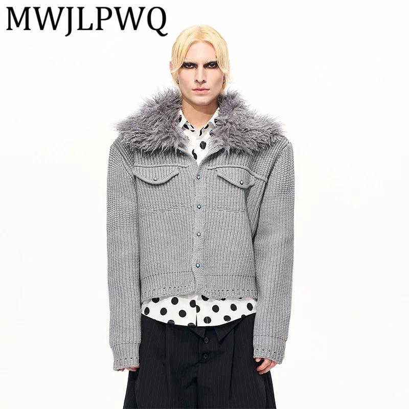 

MWJLPWQ однотонный свитер со съемным меховым воротником, пальто для мужчин, уличная осень-зима, утепленный теплый трикотаж, мода 12773