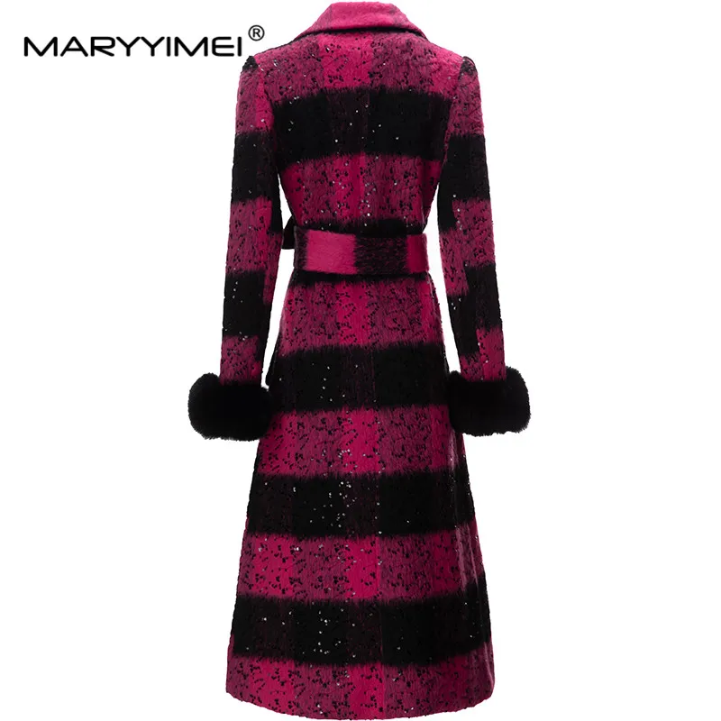 MARYYIMEI Fashion Designer Autumn/Winter Overcoat Women's Lapel Long Sleeve With Girdle Detachable Plush Cuff Pink Stripe Coat