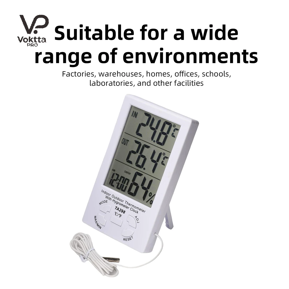 Medidor Digital de Temperatura y Humedad TA298, Termómetro e Higrómetro para Interiores y Exteriores con Pantalla, Reloj, Temperatura en °C/°F