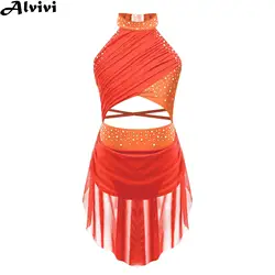 Kid Girl Figure Skating Performance Costume Modern Lyrical Dance Ballet Gymnastics Leotard Dress Sleeveless Rhinestone Dancewear