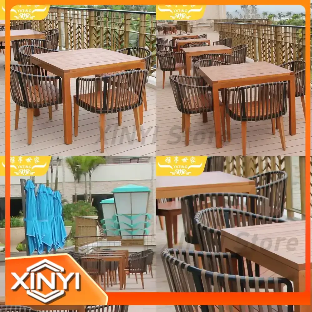 Rattan Woven Outdoor Dining Table and Chair Set in Solid Wood for Teak Patio and Indoor Use