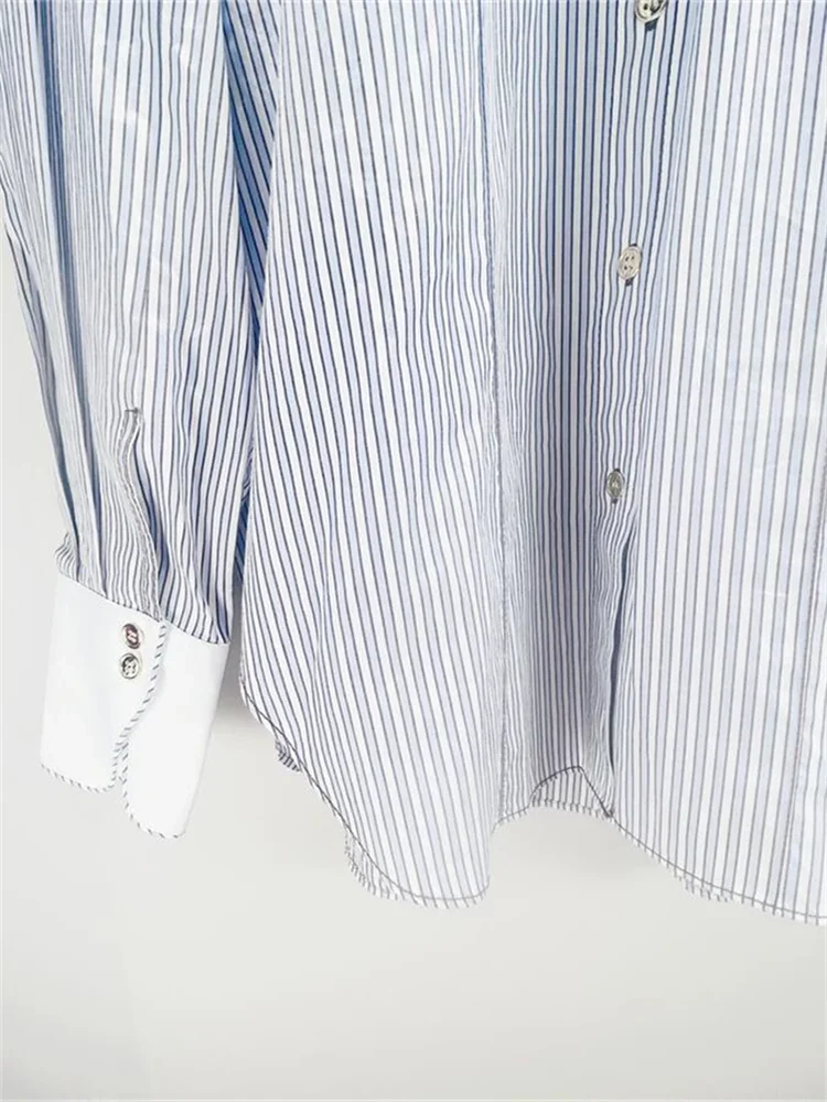 Stripes Women's Loose Turn-Down Collar Long Sleeve Casual Single Breasted Blouse Early Autumn