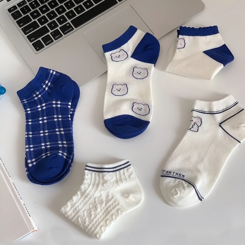 5 pairs of feminine spring and summer sapphire-blue rabbit shallow-mouthed invisible socks