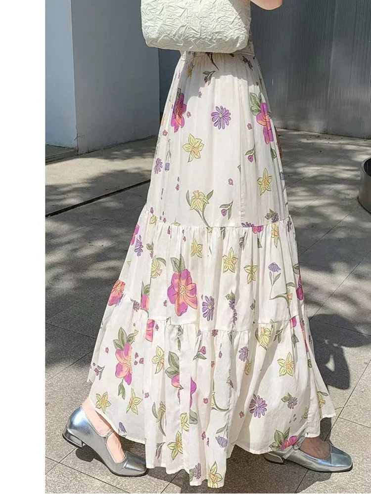 Falda larga Floral bohemia para mujer, faldas elegantes y dulces de cintura alta, faldas largas informales holgadas Vintage coreanas para mujer que combinan con todo