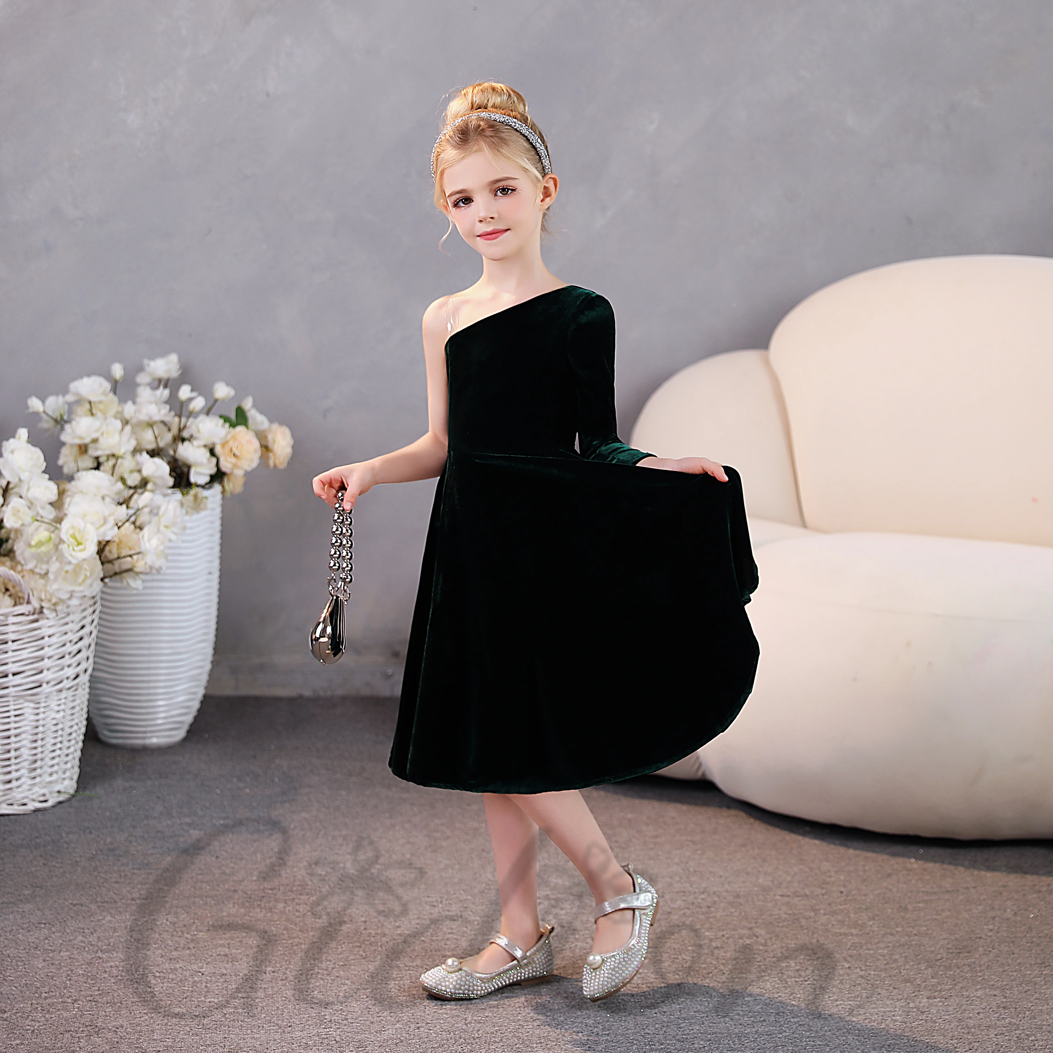 Velvet Black Green Junior Bridesmaid Dress For Kids Festivity Celebration Wedding Show Banquet Prom Night Any Event Party Ball