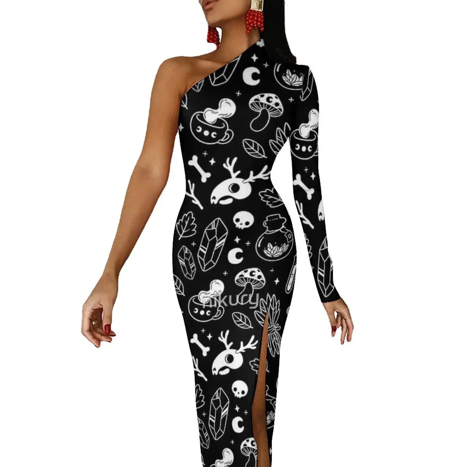 Witchy Ingredients Black And White Nikury Bodycon Dress Woman Halloween Elegant Maxi Dress One Shoulder Aesthetic Dresses Gift