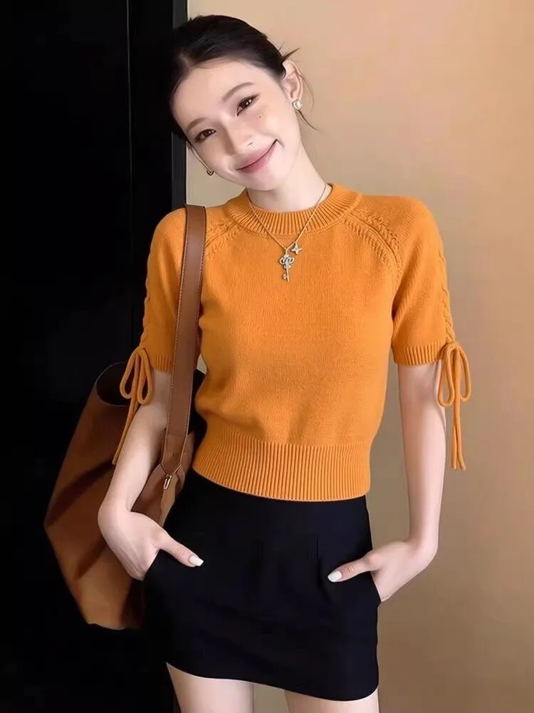

Summer Slim Fit Short Sleeve Knitted T-Shirt Women's Fashion Design Sense Tie Waist Top French Style round Neck Short Length