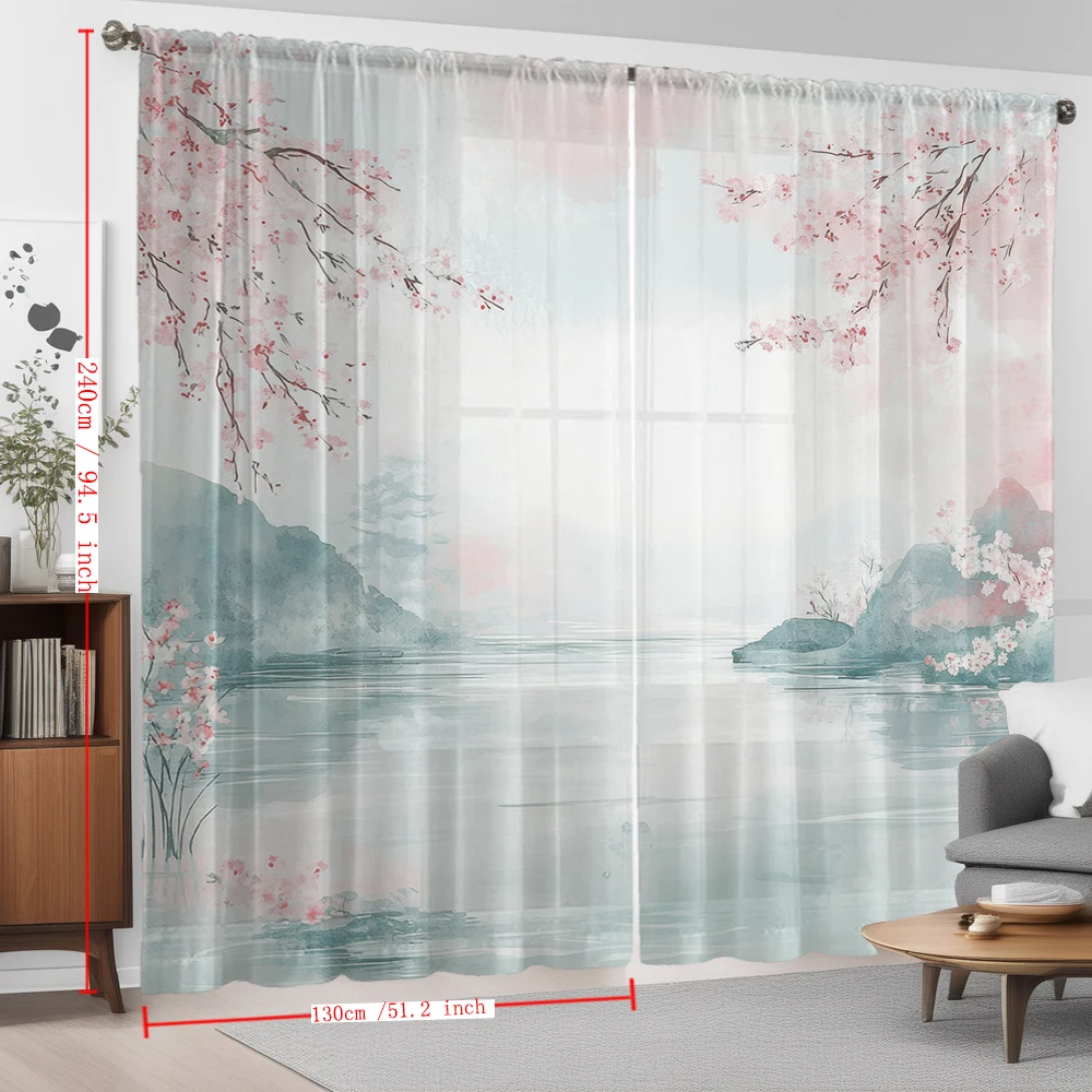 2Pcs Peach Blossom Tree Ink Landscape Print Home Decoration Window Screens Suitable For Coffee Shops, Restaurants, Bedrooms