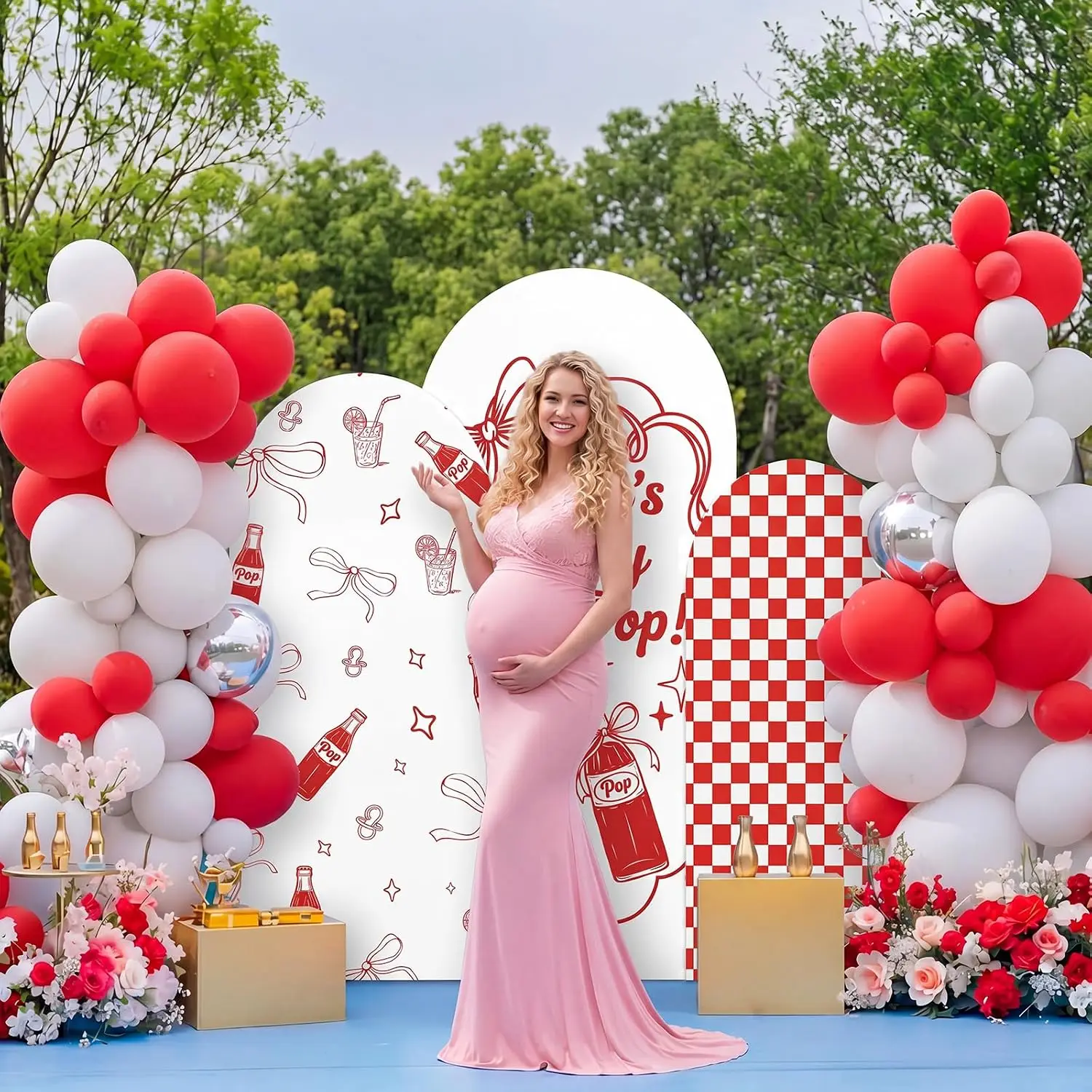 2-sided She's Ready to Pop Photo Background Newborn Baby Shower Arch Backdrop Bow Soda Red and White Checkered Party Decor