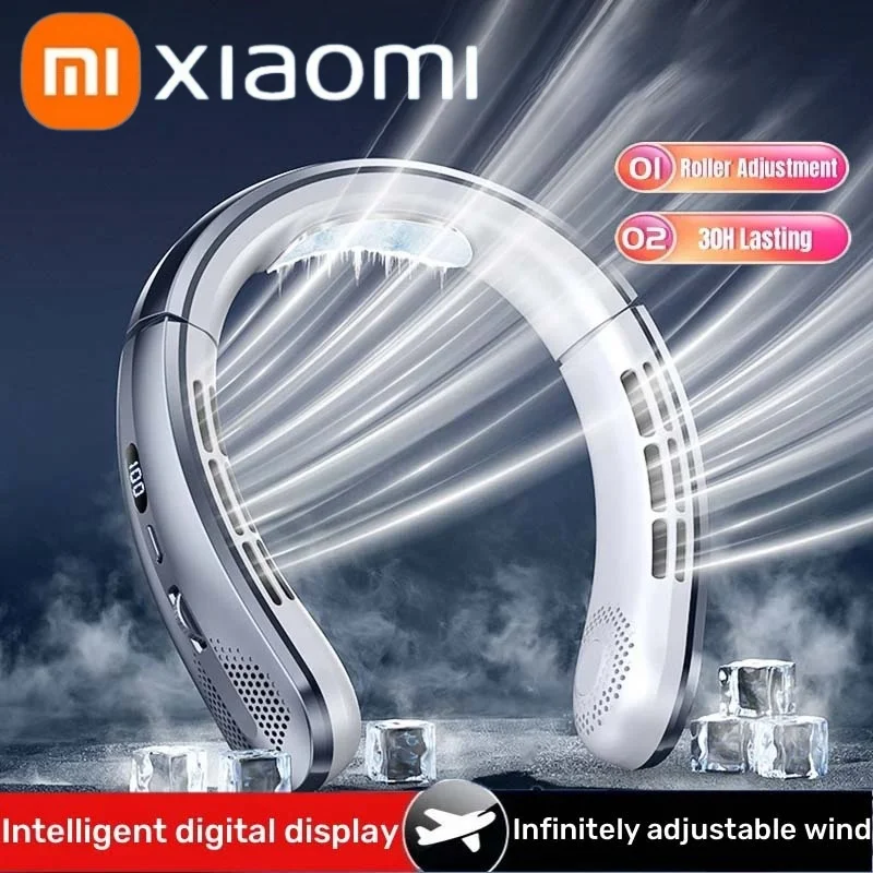 Xiaomi-Ventilador Elétrico de Pescoço Pendurado, Portátil Sem Lâmens, Mini USB Recarregável, Display Digital LED, Refrigerador de Ar, Verão,