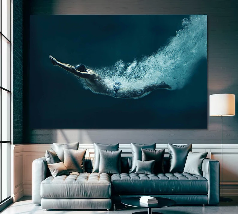 Professional Swimmer Underwater Ocean Seascape Swimming Sport Poster Canvas Painting Wall Picture Home Living Room Decor