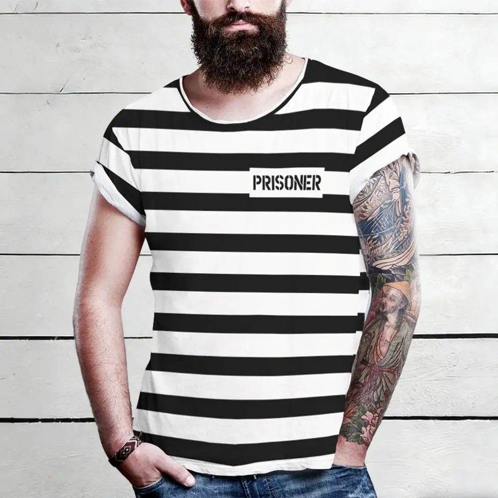 Abstract Prison Uniform Style Striped Print T-shirt Funny Role-playing Short-sleeved Top Unisex Humorous Personalized Streetwear