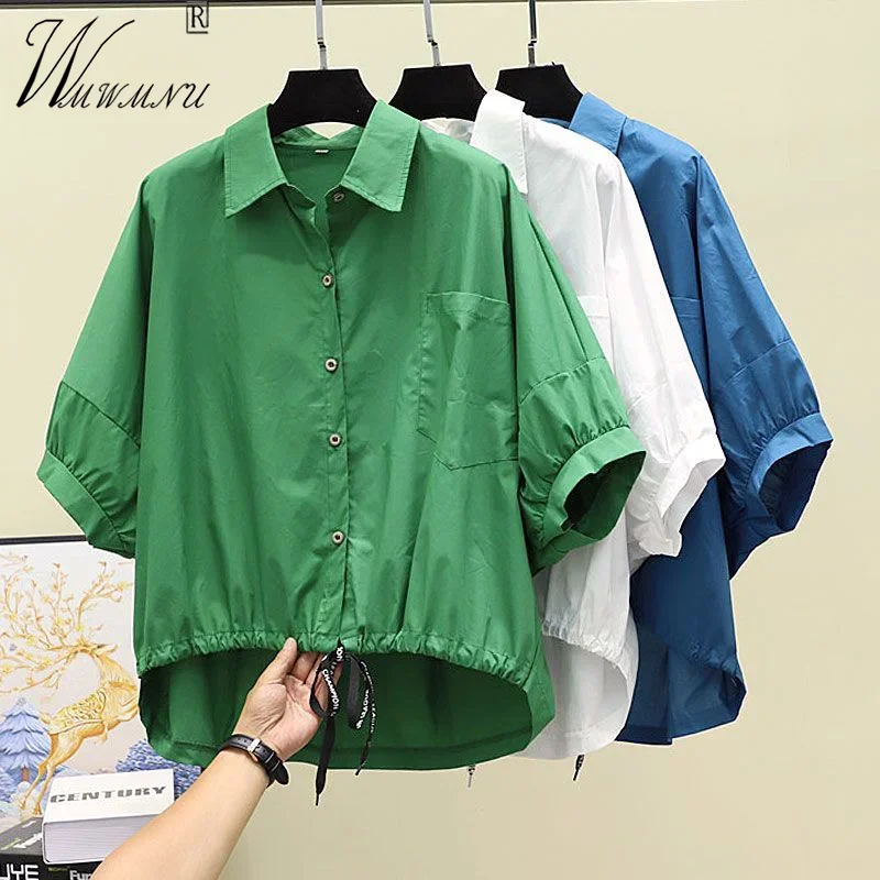 Batwing Short Sleeve Shirts Women Summer Loose Big Size Blouses Tops Casual Drawstring Cotton Camisas Korean Design Blusas New