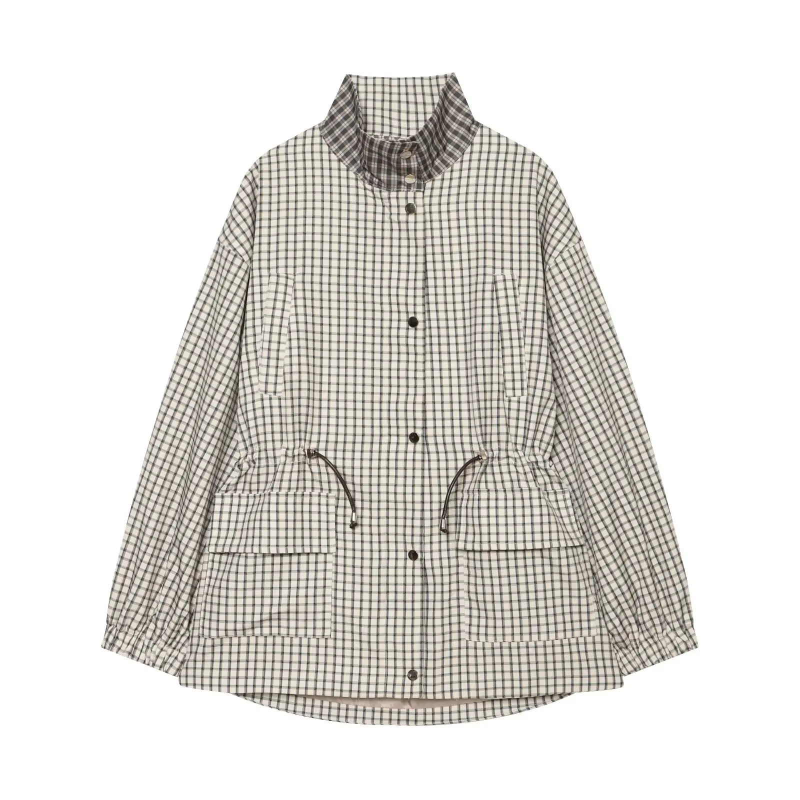 Abrigo Safari de Mujer para Otoño con Cuello Solapa en Contraste, Cuadros Vichy, 2 Bolsillos Delanteros y Cintura con Cordón, Chaqueta Holgada de Exterior