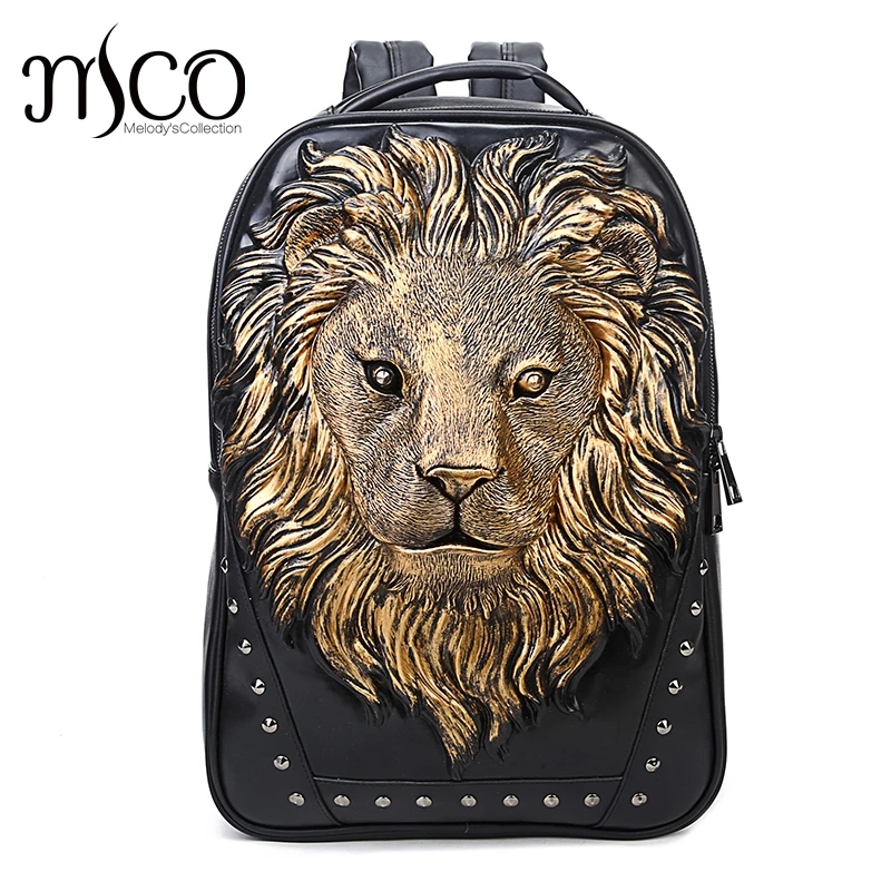 3D Emboss Lion Head Rivet Gother Backpack For Men Women High Quality PU Leather Travel Backpacks Laptop Teenager School Cool Bag